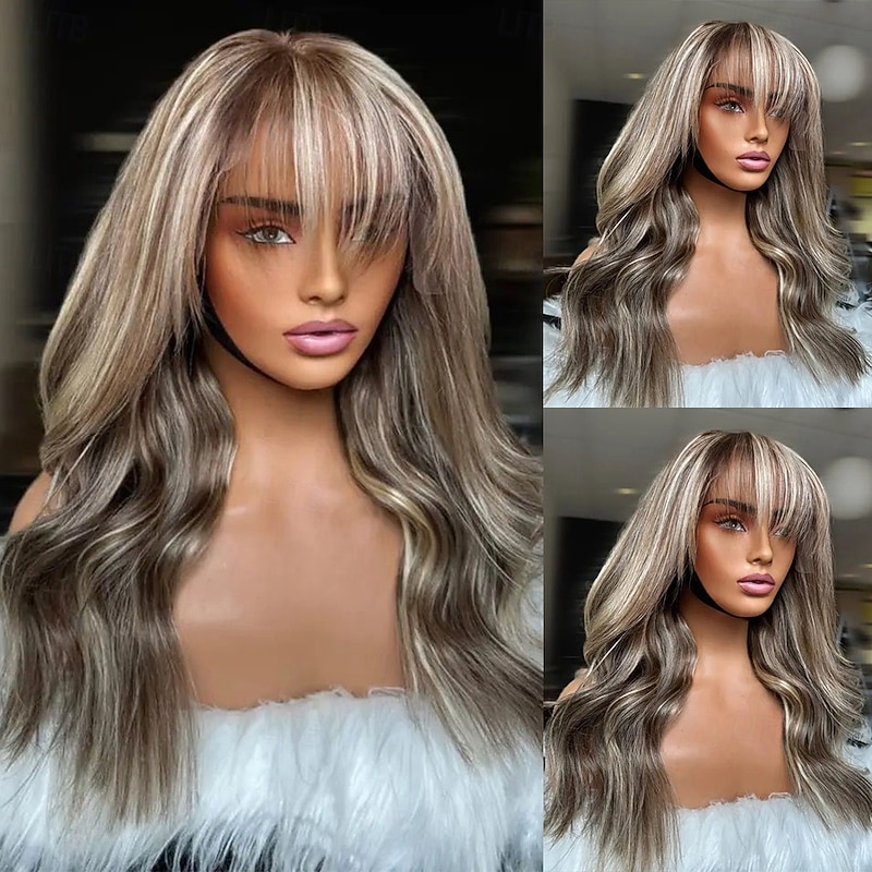 Remy Human Hair 13x4 Lace Front Wig With Bangs Brazilian Hair Wavy Multi-color Wig 130% 150% Density Highlighted / Balayage Hair 100% Virgin Glueless For Women Long Human Hair Lace Wig