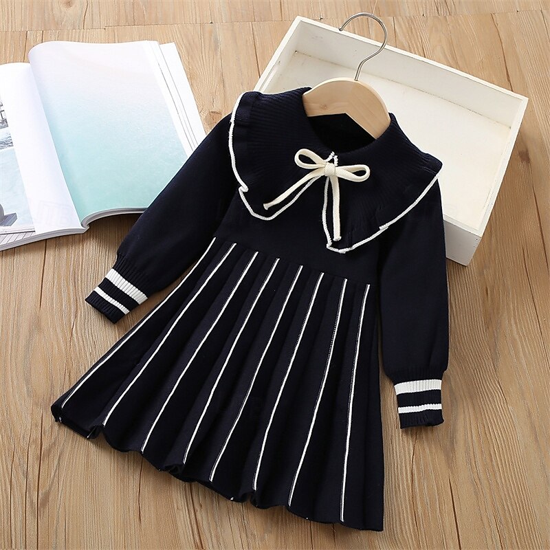 Girls' 3D Striped Dress Long Sleeve Fall Winter Vacation Daily Holiday Beautiful Sweet Little Kids(4-7ys) 4-7 Years Sweater Dress Casual Dress A Line Dress Knee-length Regular Fit