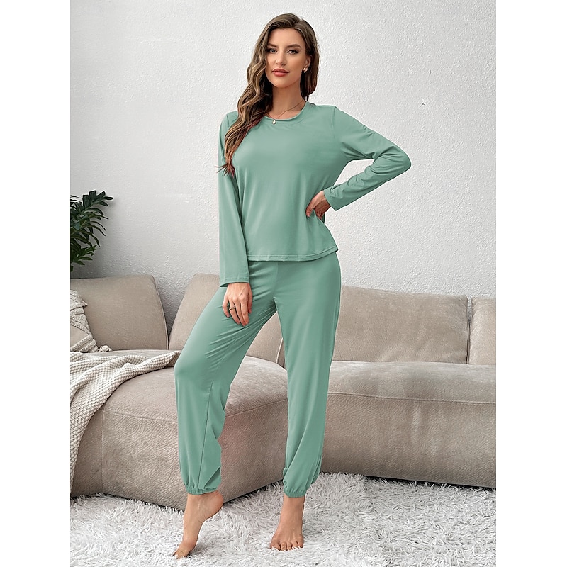 Women's Pajama Set 2 Pieces Pure Color Casual Comfort Comfrt Home Spandex Comfort Breathable Crew Neck Long Sleeve T shirt Tee Pant Spring Fall Home Outfits3