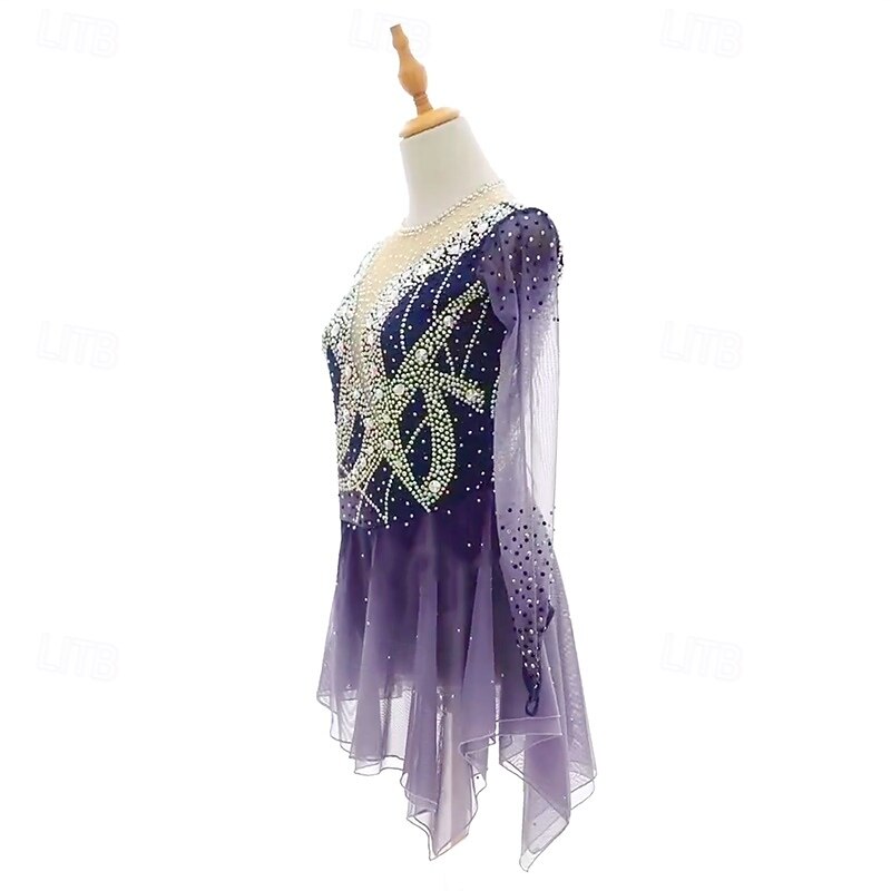 Figure Skating Dress Women's Girls' Ice Skating Dress Violet Green Patchwork Mesh High Elasticity Training Competition Skating Wear Classic Crystal / Rhinestone Long Sleeve Ice Skating Figure Skating4