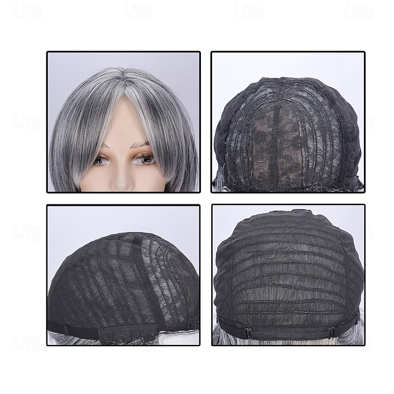 Silver Gray Layered Wig with Curtain Bangs for Women Synthetic Light Grey Ombre Highlight Bob Wig Short Pixie Cut Layered Wavy Wig for Women2