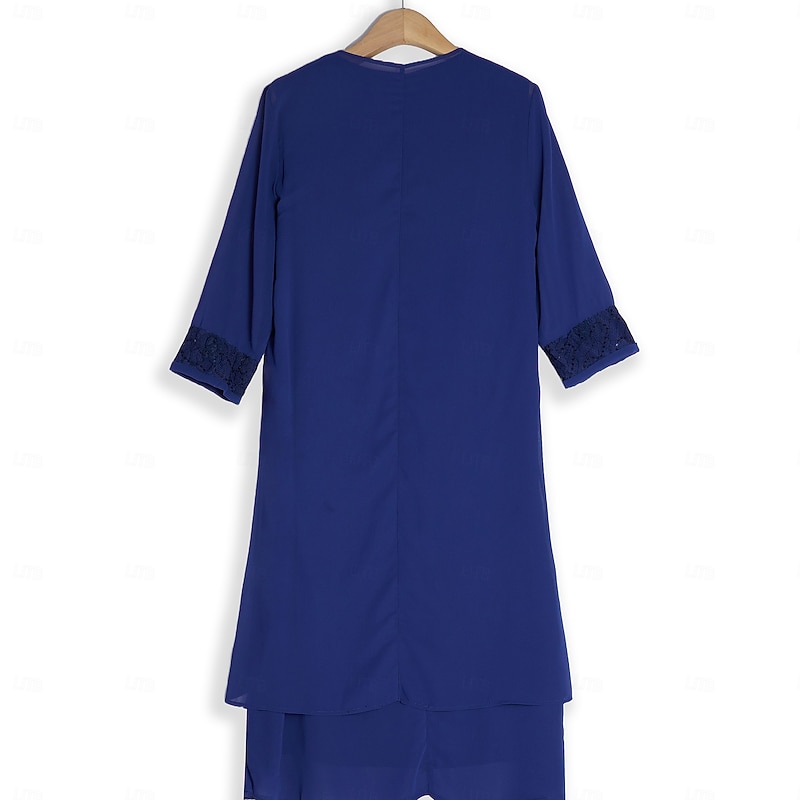 Women's Wedding Guest Cocktail Dress Chiffon Daily Fashion Patchwork Sequin Casual   Elegant Two Piece Dress Set Fall Winter Midi Dress Crew Neck 3/4 Length Sleeve Plain Navy Blue3