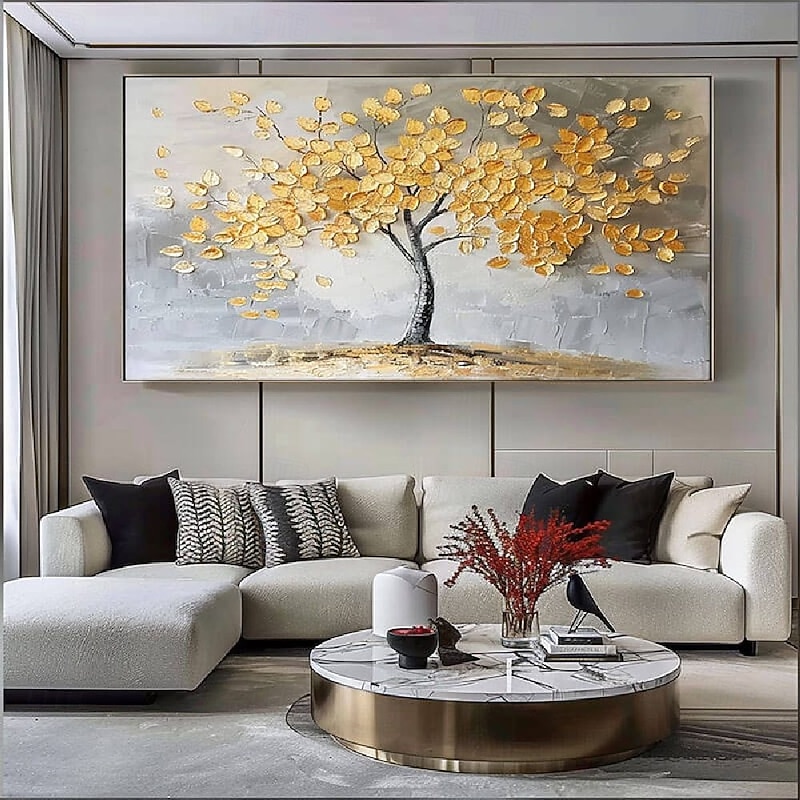 Large 100% hand painted Golden Tree Oil Painting on Canvas gold Flower Tree Oil Painting Large Abstract Textured Gold Yellow Life Tree Wall Art Custom Modern Trendy Living Room Decor
