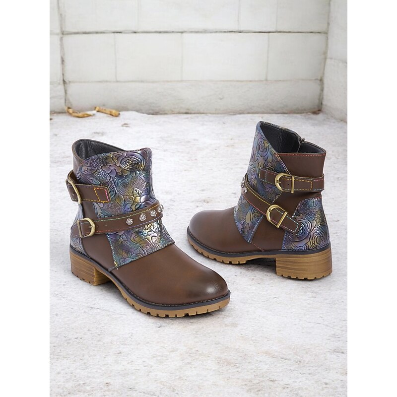Women's Floral Embossed Ankle Boots – Vintage Buckle Design, Chunky Heel, and Side Zipper for Casual Wear3