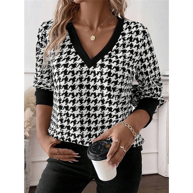 Women's T Shirt Plaid Fashion Modern Casual Long Sleeve V Neck Regular Tops Daily Weekend Black Fall Winter