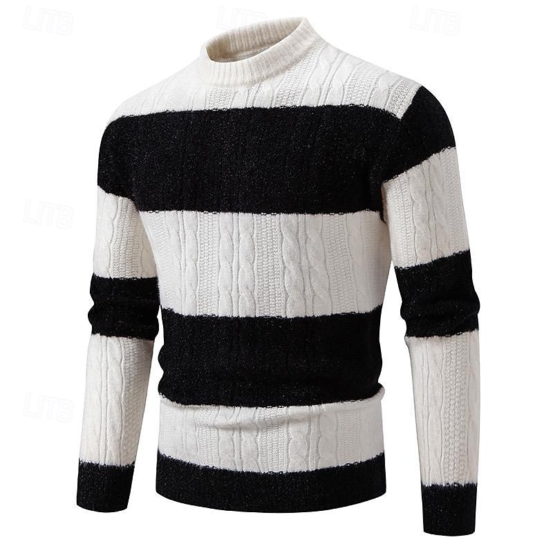 Men's Sweater Cable Chunky Knit Stripe Cable Stripe Crew Neck Christmas Elegant Formal Home Clothing Apparel Bishop Sleeve Fall Winter Black Brown M L XL4