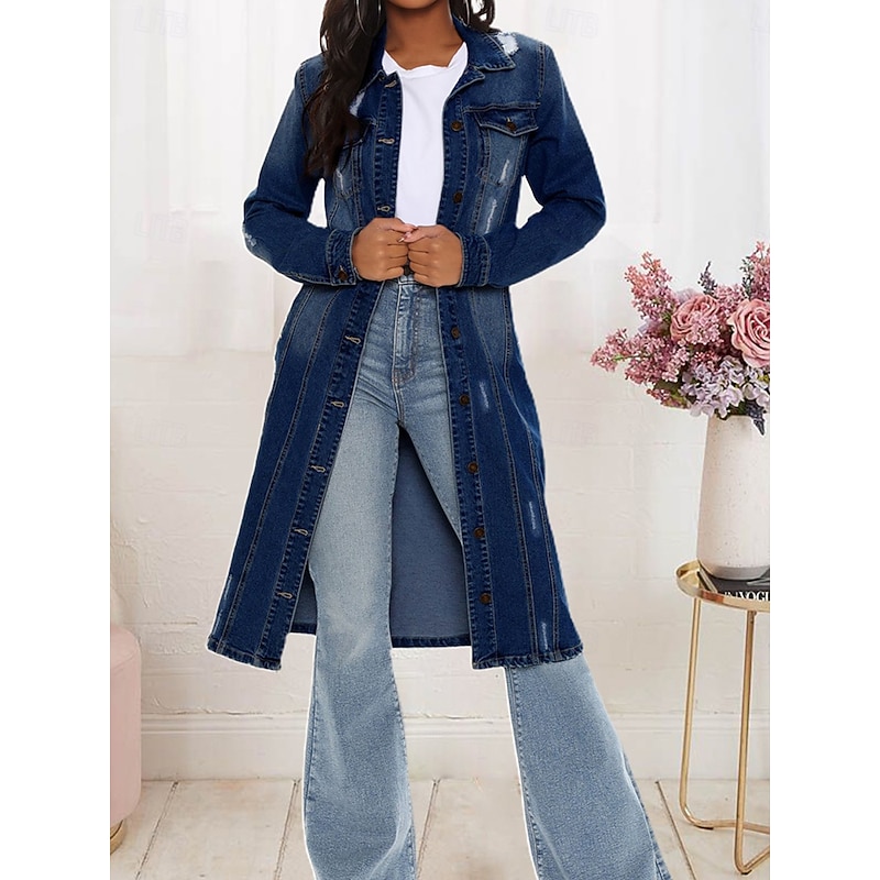 Women's Denim Jacket Outdoor Street Daily Wear Fall Winter Long Coat Regular Fit Thermal Warm Breathable Stylish Casual Jacket Long Sleeve Solid Color with Pockets Light Blue Navy Blue Blue3