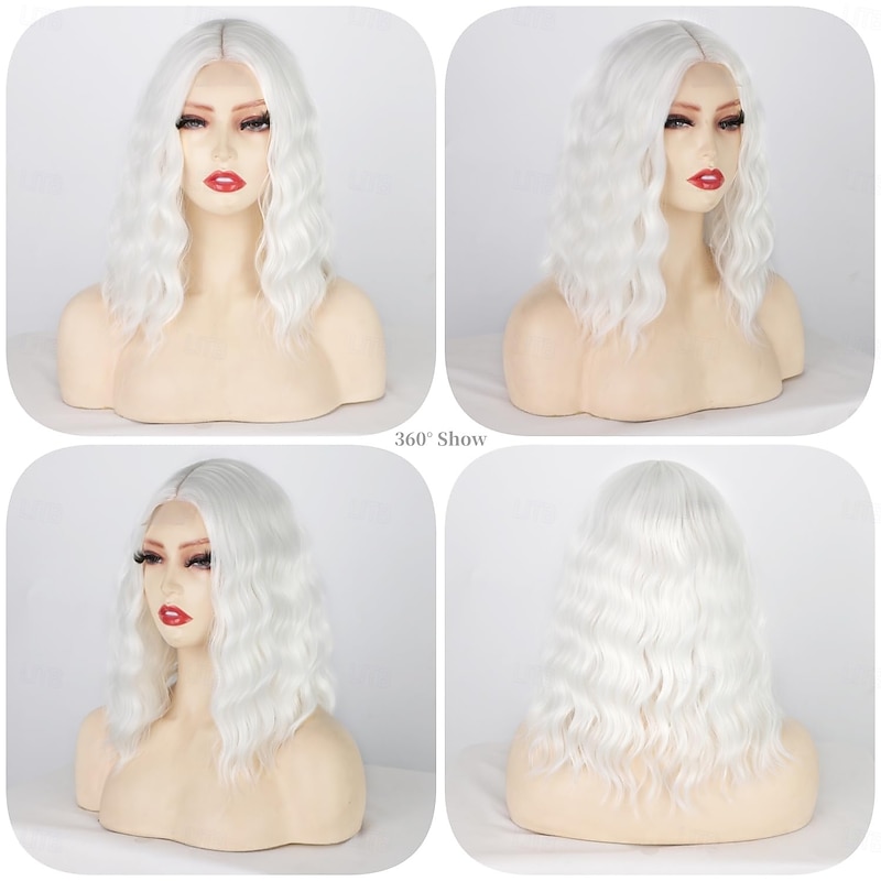 White Wig -Short White Wavy Wigs for Women 14 inch Shoulder Length Natural Looking Synthetic Wig Heat Resistant Fiber Wigs for Daily Party Use Christmas Party Wigs