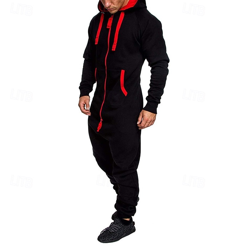 Men's Tracksuit Jumpsuit Sweatsuit Full Zip One-piece Color Block Athletic Clothing Set Fall Dark Grey Navy Gym Workout Jogging Running Thermal Warm Soft Long Sleeve Sport Activewear Micro-elastic2