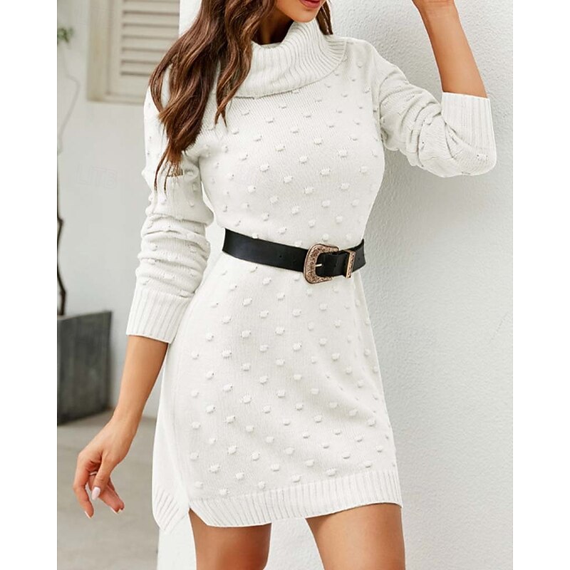 Ugly Sweater Dress Cowl Neck Knitted Textured Fall Winter Work Elegant Fashion Daily Long Sleeve Solid Color White Green3