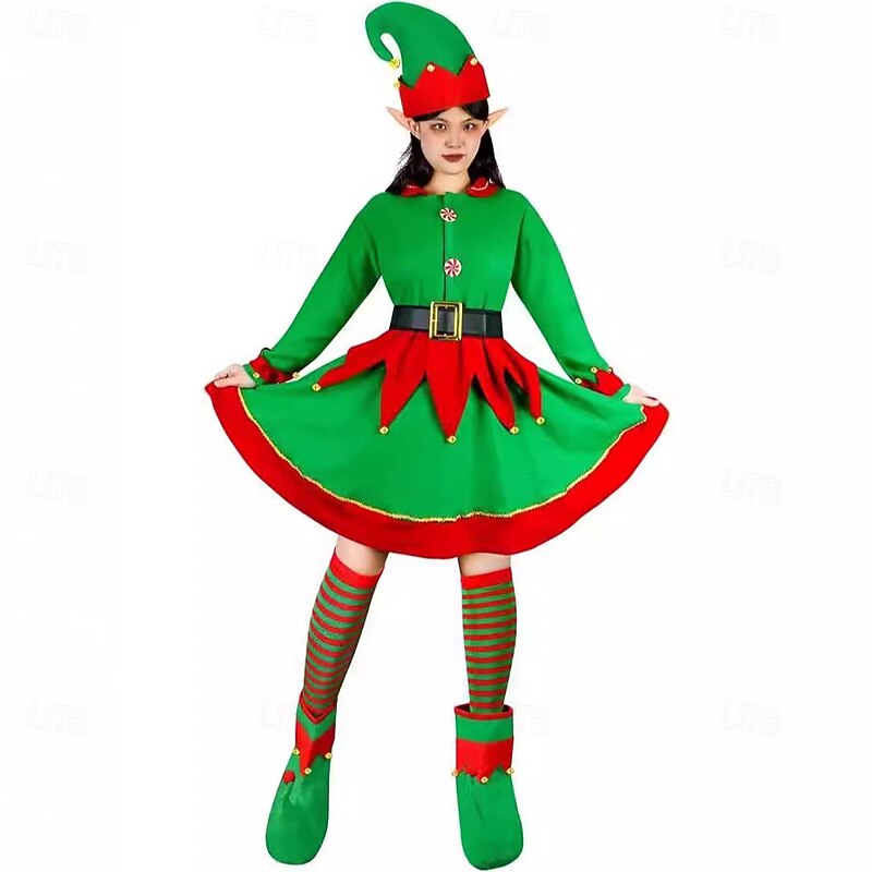 Elf Outfits Fancy Christmas Dress Christmas Costume Women's Christmas Adults Christmas New Year Christmas Eve Christmas Party Dress Belt Socks Shoes Hat4