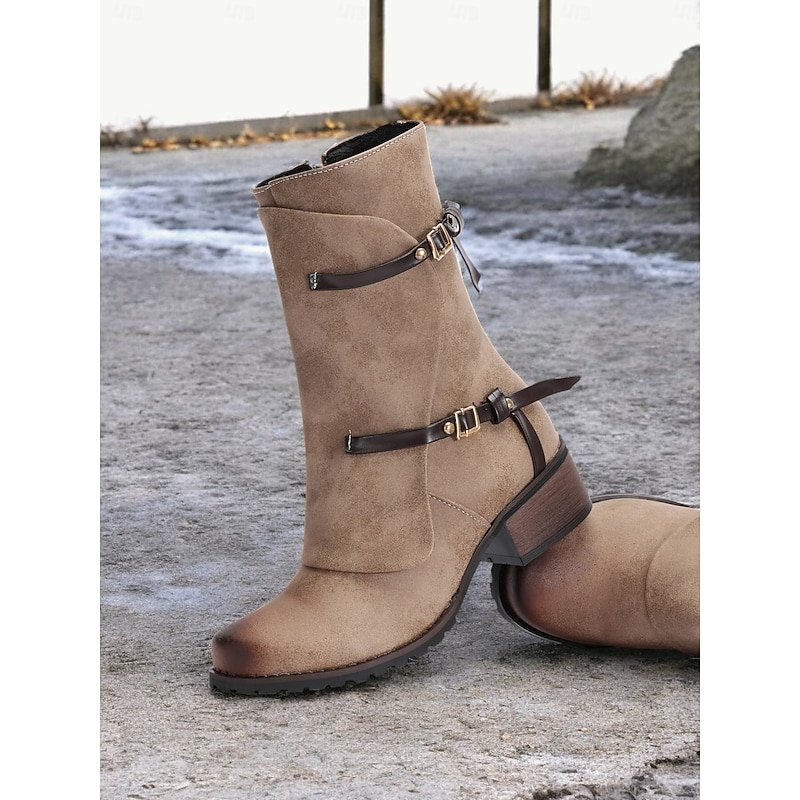 Women's Casual Faux Leather Ankle Boots – Side Zipper, Double Buckle Straps, and Stacked Heel for Everyday Wear2