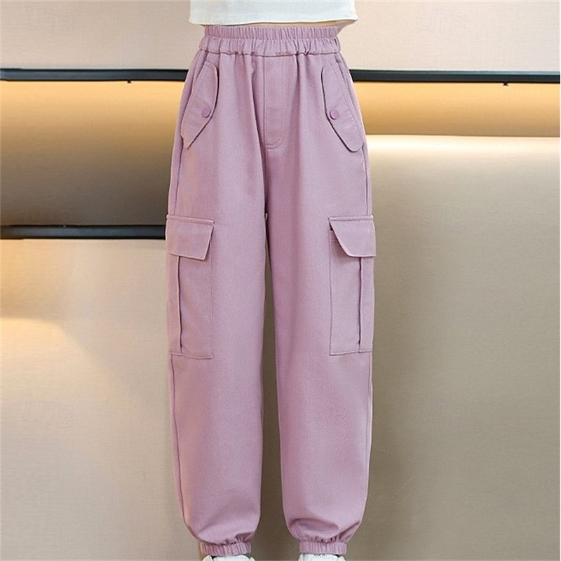 Kids Girls' Trousers Solid Color Sports Pocket School 4 years+ Spring Black Pink Purple3