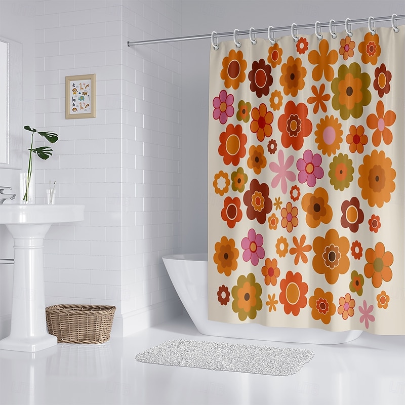 Shower Curtain with 12 Hooks 180cm*180cm(70"*70") Polyester Washable Waterproof Pattern Bathroom Bathtub Decor Vintage Peony Floral4