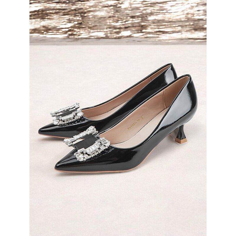 Women's Black Patent Leather Pumps with Crystal Embellished Bow – Elegant Pointed-Toe Kitten Heels for Formal Events and Evening Wear2