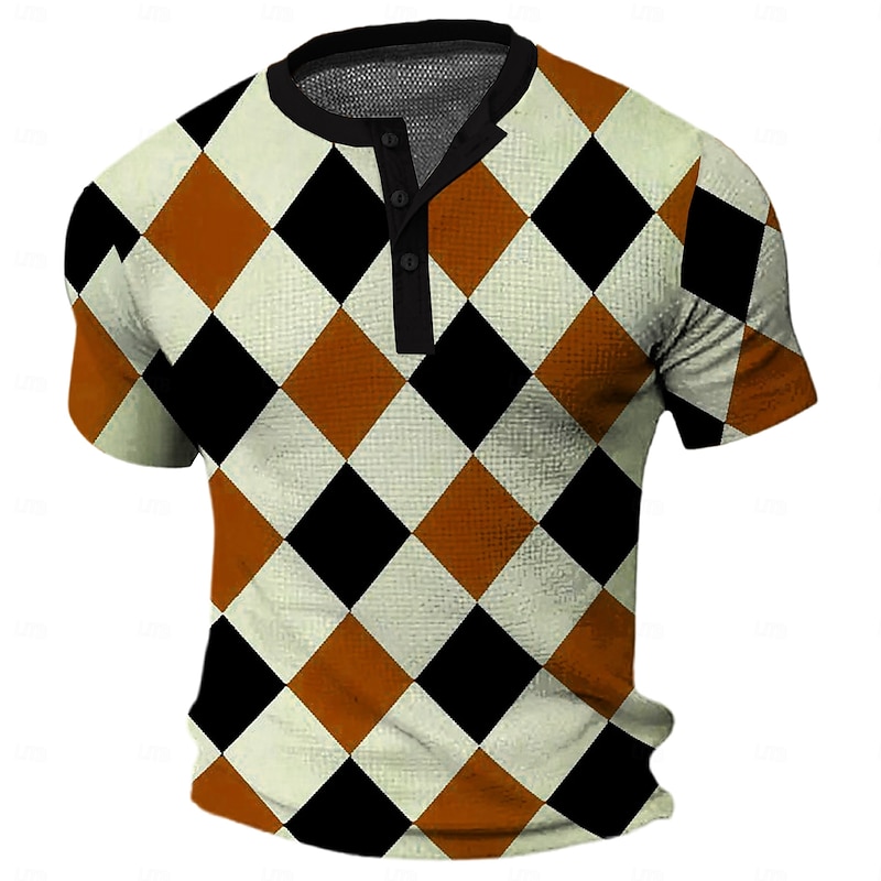 Men's Plaid Waffle Shirt Short Sleeve 3D Print Vacation Fashion Vacation Casual Daily Summer Spring Black Red Blue Brown Henley Henley T-Shirt3