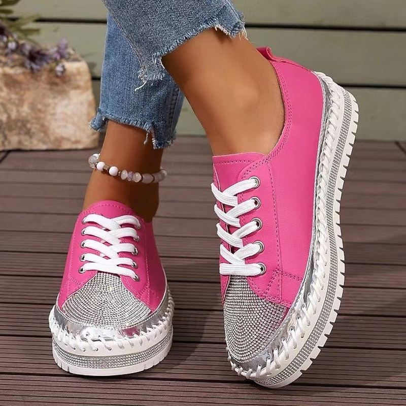 Women's Silver Rhinestone Lace-Up Sneakers - Stylish and Comfortable Shoes for Casual Wear