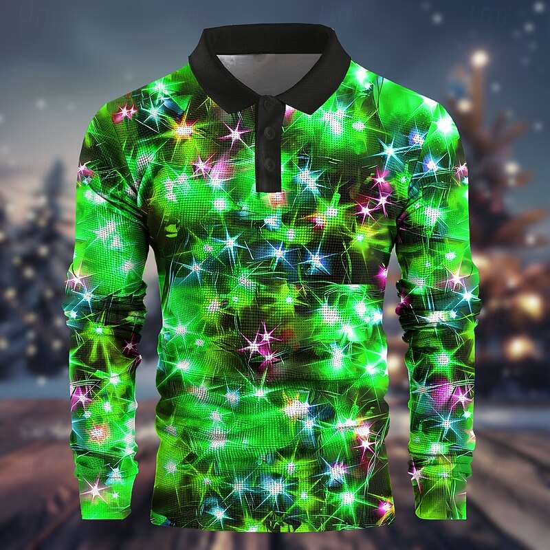Christmas Men's Christmas Light 3D Polo Dazzle color Funny Waffle Long Sleeve Party Evening New Years Eve Shirts Spring Fall Winter Button 3D Print Collar Yellow Red Purple Micro-elastic Polyester4