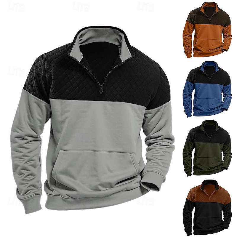 Men's Waffle Sweatshirt Pullover Quarter Zip Sweatshirt Black Army Green Navy Blue Khaki Light Grey Standing Collar Half Zip Color Block Pocket Color Block Work Sports & Outdoor Casual Polyester