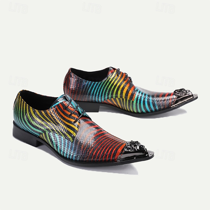 Men's Multicolor Snakeskin Leather Dress Shoes – Pointed Toe Lace-Up Shoes with Metal Tip for Formal and Fashion-Forward Occasions 6