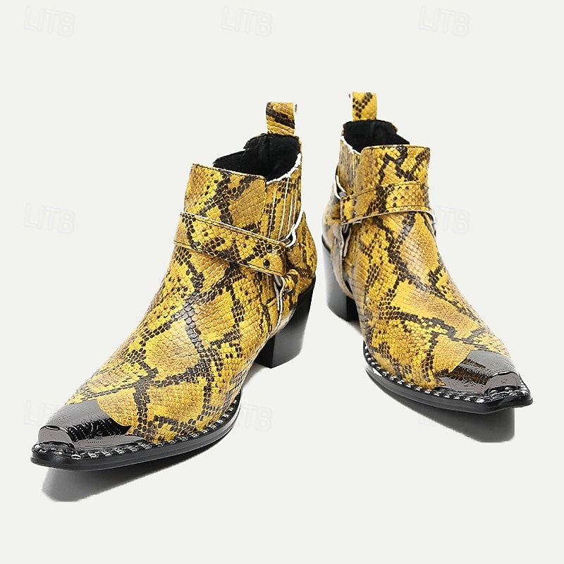 Men's Yellow Snakeskin Leather Motorcycle Boots–Western Style Pointed Toe Ankle Boots with Gold Tip Buckle Straps for Bold Fashion Statements2