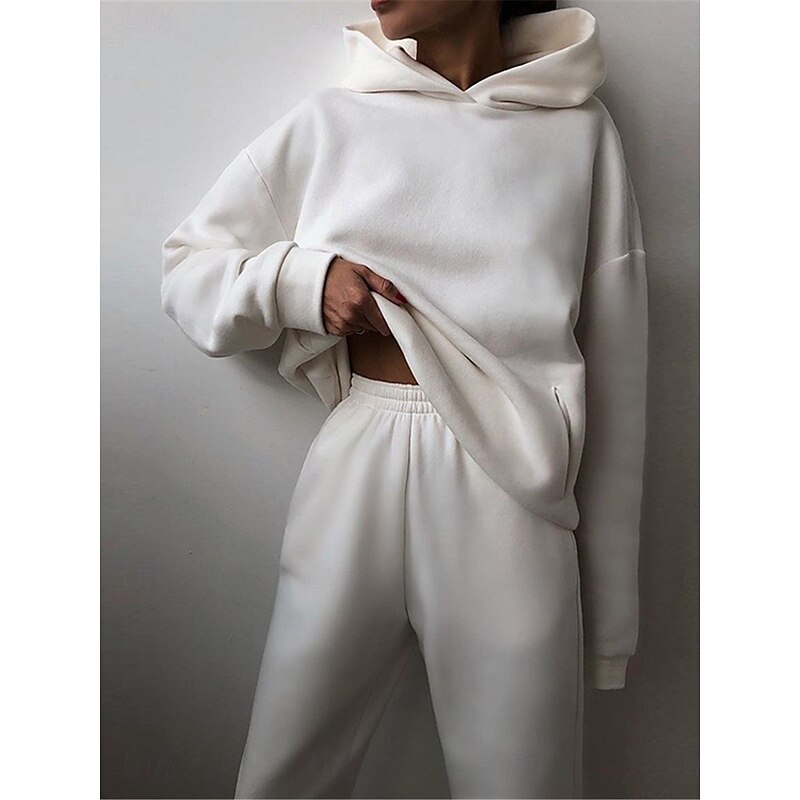 Women's Fashion Streetwear Daily Hoodie Sweatpants Long Sleeve Hooded Plain Casual Daily White Blue Dark Gray Fall Regular Fit4
