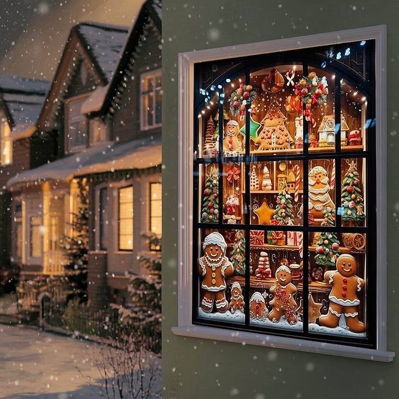 Christmas Window Cover Decorations, Fabric Gingerbread Shop Curtain Movie Poster Window Door Covering Decor for Christmas House, Window Clings Decals Indoor Outdoor