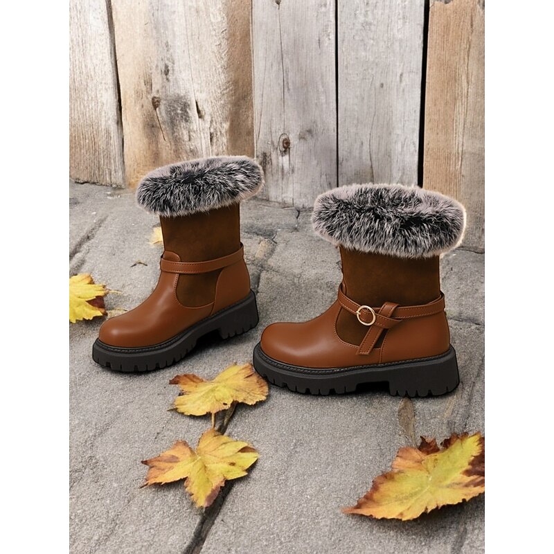 Women's Faux Fur Trim Winter Boots – Stylish and Warm Ankle Boots with Buckle Detail and Rugged Sole, Perfect for Outdoor Adventures in Cold Weather3