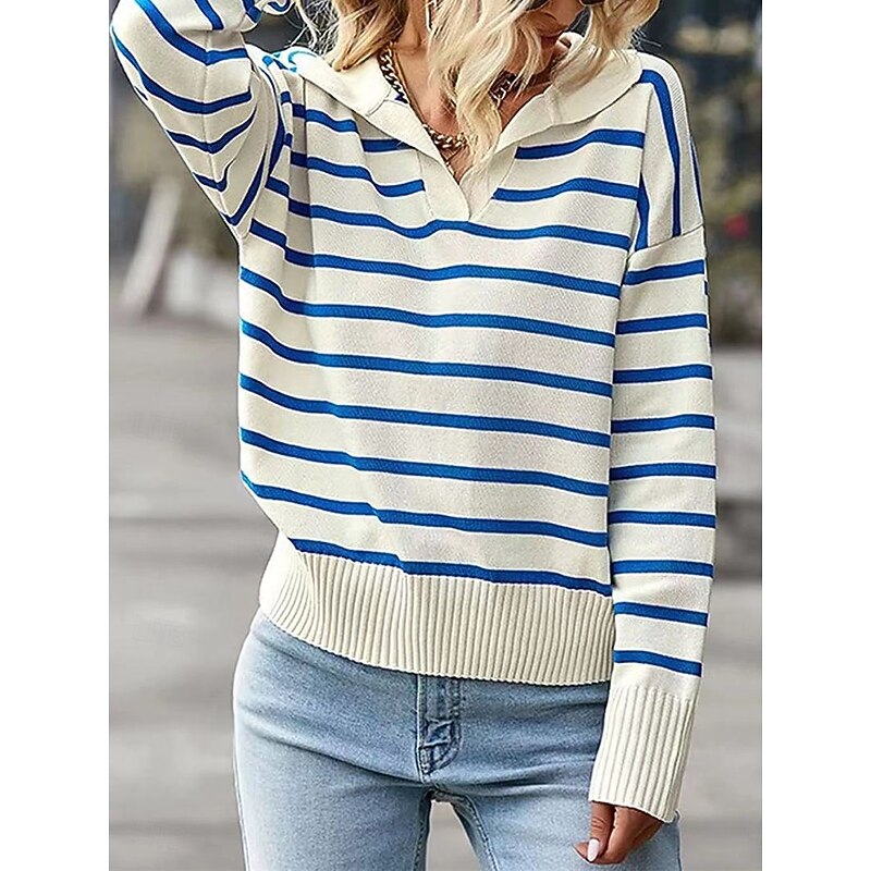 Women's Sweater Pullover Sweater Jumper Casual Soft Striped Ribbed Shirt Collar Knitted Long Sleeve Regular Tops Knit Outdoor Daily Weekend Black Red Fall Winter3