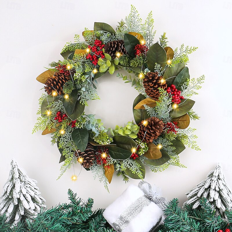 Christmas Lighted Wreath Outdoor for Front Door Winter Wreath with Pinecones, Illuminated Holiday Garland for Window and Door Hanging, Faux Berry and Leaf Vine Decor for Wall and Patio