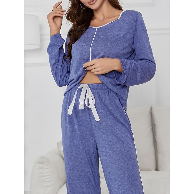 Women's Pajama Set Pure Color Casual Comfort Home Daily Comfort Warm V Neck Long Sleeve T shirt Tee Pant Elastic Waist Fall Winter Home Outfits3