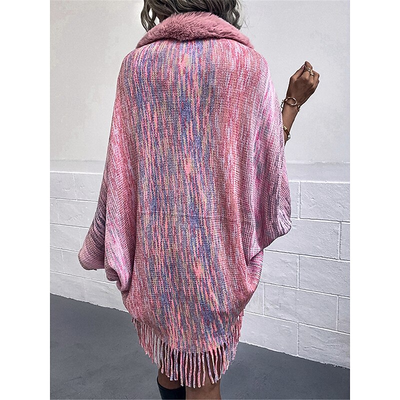 Women's Shrug Casual Soft Rainbow Ribbed Open Front Tassel Knitted Faux Fur Trim Long Sleeve Regular Tops Knit Outdoor Daily Weekend Pink Apricot Fall Winter