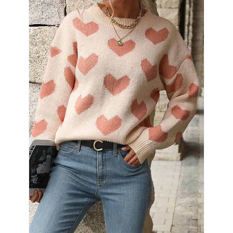 Women's Sweater Pullover Sweater Jumper Casual Soft Heart Ribbed Crew Neck Knitted Long Sleeve Regular Tops Knit Outdoor Daily Weekend Pink Fuchsia Fall Winter3