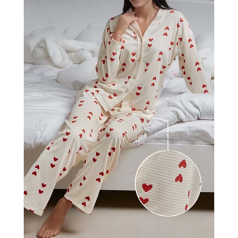Women's Valentine Pajama Set Heart Casual Comfort Home Daily Comfort Warm V Neck Long Sleeve Cardigan Pant Button Up Elastic Waist Fall Winter Home Outfits