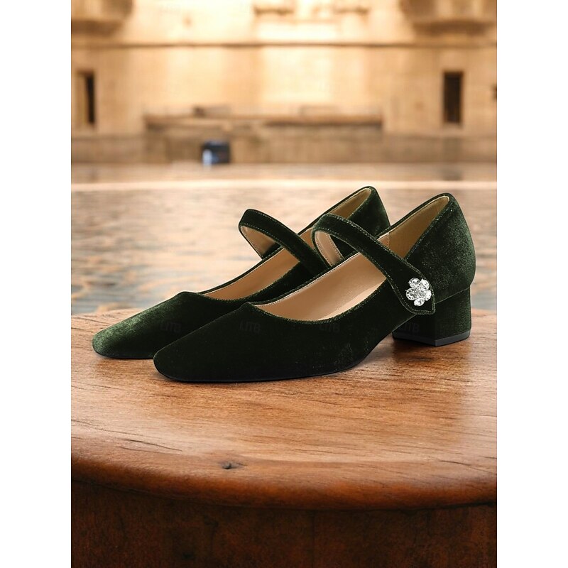 Women's Green Velvet Mary Jane Pumps - Square Toe Block Heels with Rhinestone Buckle, Elegant Design for Evening and Vintage Style Outfits