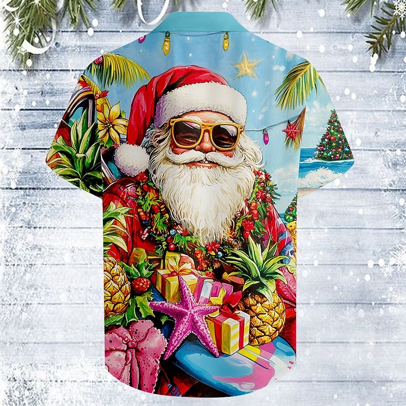 Christmas Men's Fruit Santa Claus Shirt Summer Hawaiian Shirt Button Up Shirt Short Sleeve Hawaiian Casual Outdoor Daily Holiday Summer Cuban Collar Print Button-Down Light Blue Red Blue Sky Blue2