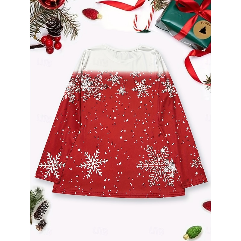 Women's T shirt Long Sleeve Crew Neck Long Sleeve Tunic Snowman Bird Print Holiday Casual Top Red White Snowflake Winter Comfort Soft Fit Festive Season Apparel Sizes Available Prefall2
