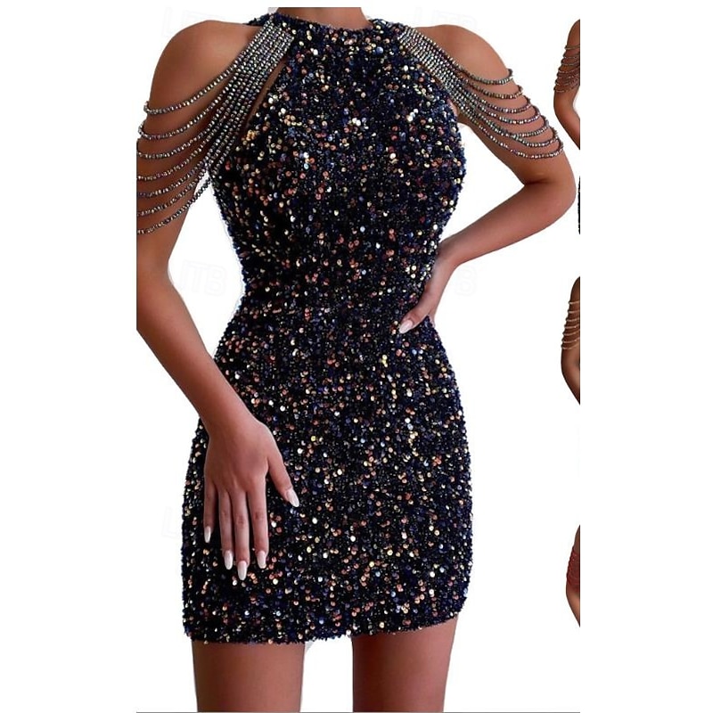 Women's Mini Dress Black Dress Sequin Dress Vintage Dress Cocktail Dress Elegant Casual Daily Holiday Regular Fit Plain Sleeveless Halter Neck Black Light Brown Green Fall Winter3