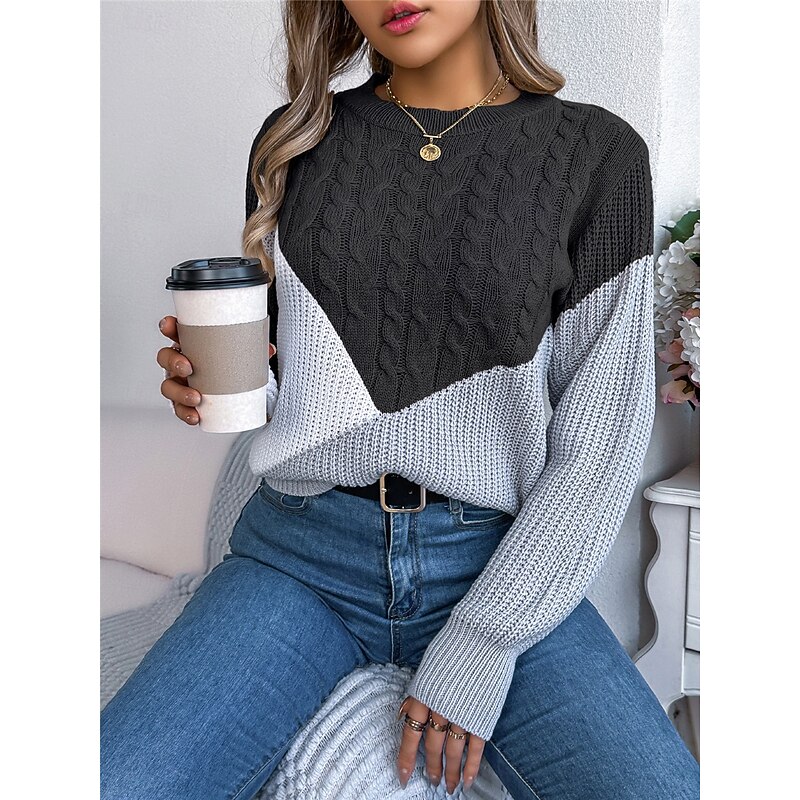 Women's Sweater Pullover Sweater Jumper Casual Soft Color Block Ribbed Crew Neck Patchwork Knitted Long Sleeve Regular Tops Knit Outdoor Daily Weekend Black Pink Fall Winter3