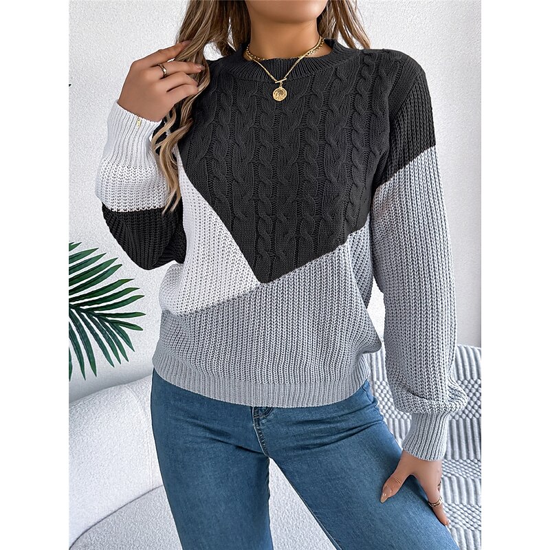 Women's Sweater Pullover Sweater Jumper Casual Soft Color Block Ribbed Crew Neck Patchwork Knitted Long Sleeve Regular Tops Knit Outdoor Daily Weekend Black Pink Fall Winter