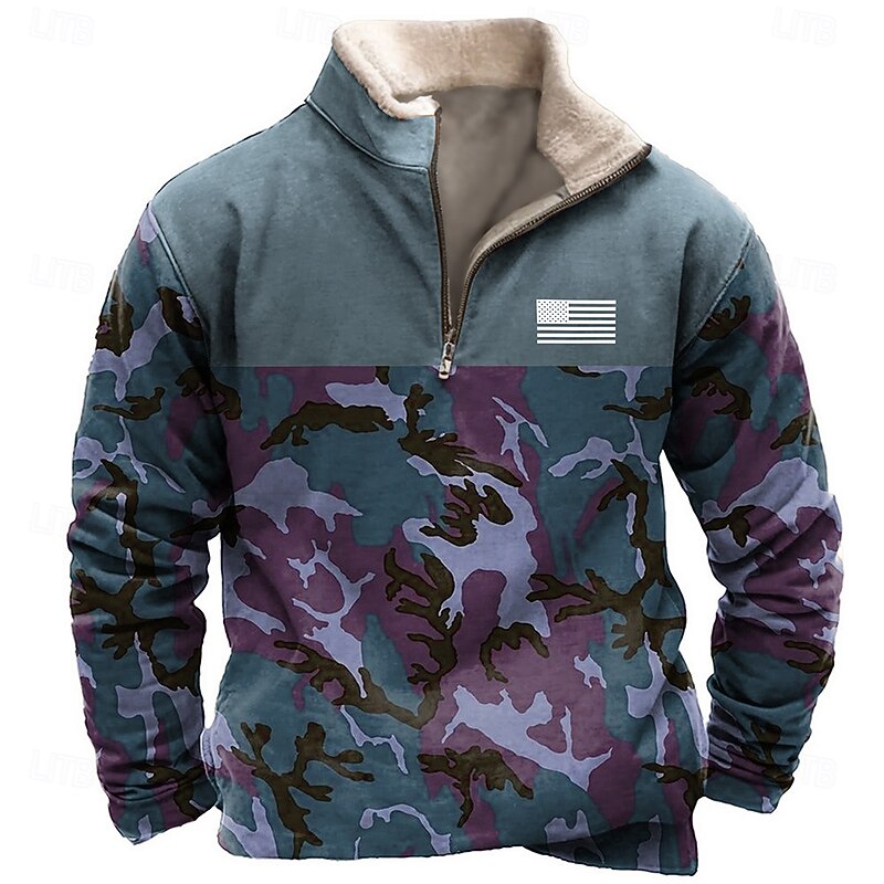 Men's Camo / Camouflage Sweatshirt Quarter Zip Sweatshirt Long Sleeve Sweatshirt Stand Collar Quarter Zip Casual Vintage Retro 3D Print Vacation Going out Streetwear Half Zip Fall Winter2