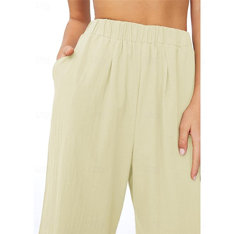 Women's Wide Leg Chinos Fashion Streetwear Full Length High Waist Plain Pocket Elastic Waistband Comfy Soft Comfortable Micro-elastic Outdoor Street Dark Brown Apricot White Blue Spring &  Fall3
