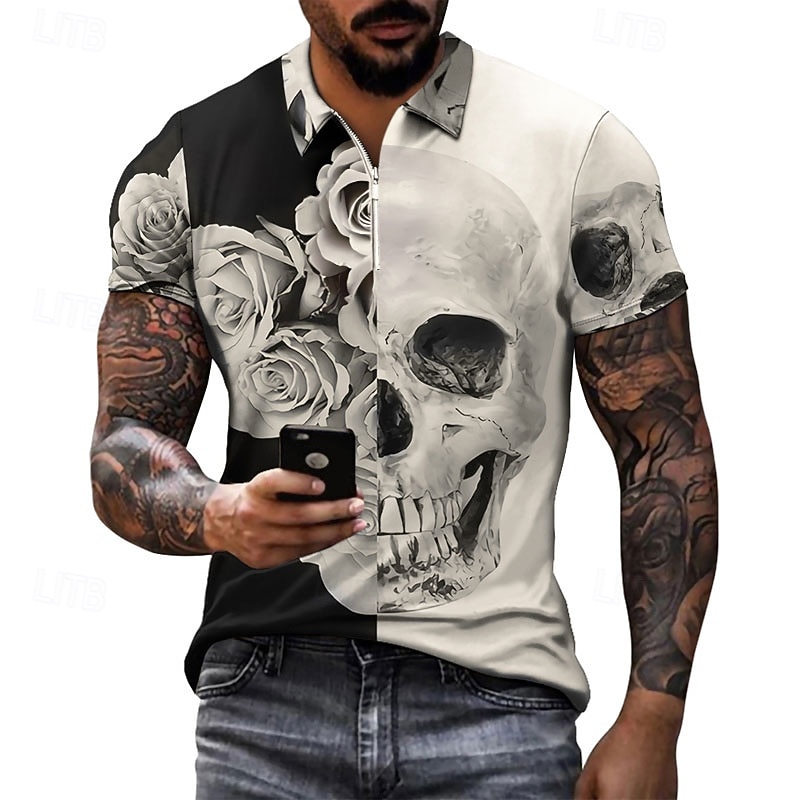 Day of the Dead Men's Skull Rose Zip Polo Shirts Golf Shirt Short Sleeve Polo Shirts Collared Shirts Casual Horror Streetwear Festival Wear Party Outfits 3D Print Quarter Zip Polo White Purple Green