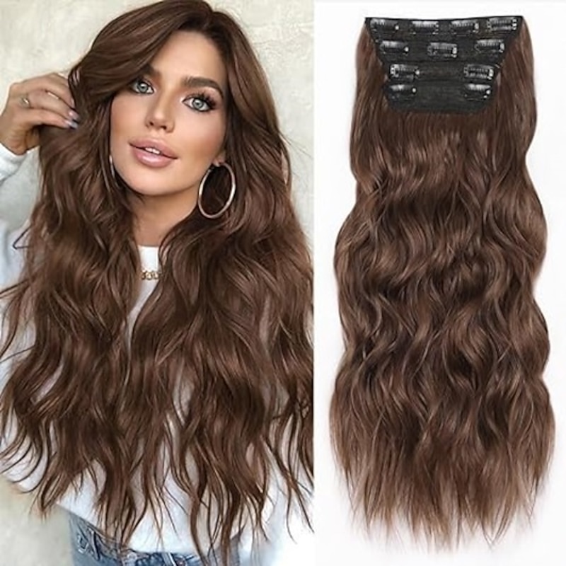 Clip in Long Wavy Synthetic Hair Extension 24 Inch 4PCS Thick Hairpieces Fiber Double Weft Hair for Women3