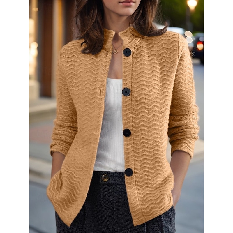 Women's Sweater Cardigan Sweater Jacket Stand Collar Knit Button Knitted Spring Fall Home Daily Weekend Vintage Daily Soft Long Sleeve Pure Color Camel Beige