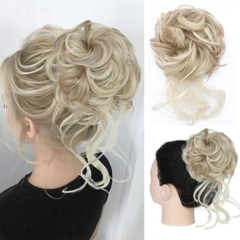 Messy Bun Hair Piece Claw Clip Curly Wavy Faux Hair Bun Tousled Updo Hair Extensions Scrunchie Long Beard Chignon Buns Hair pieces for Women