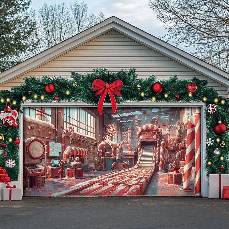 Christmas Door Decorations Garage Door Cover Xmas Candy Canes Gifts Gingerbread Outdoor Banner Large Christmas Backdrop for Holiday Outdoor Garage Door Home Wall Decorations