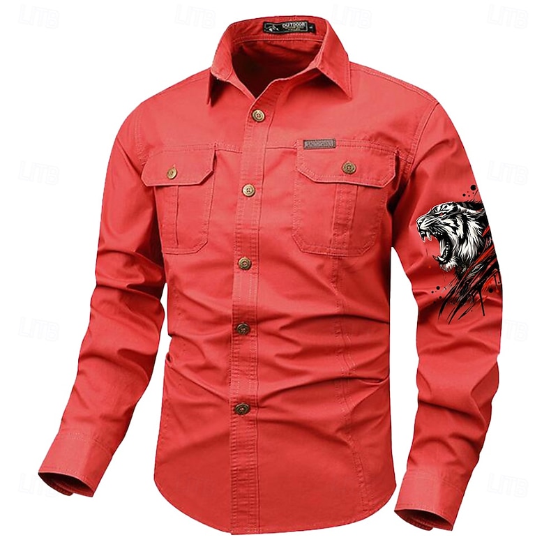 Men's Tiger Work Shirt Western Shirt Cargo Shirt Long Sleeve Vintage Casual Western Style Sports & Outdoor Going out Winter Spring &  Fall Turndown Print Black White Army Green Red Blue