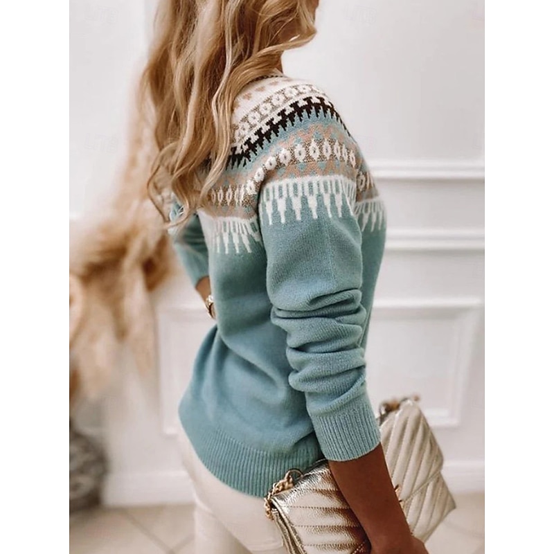 Women's Sweater Pullover Sweater Jumper Casual Soft Geometric Color Block Ribbed Crew Neck Knitted Long Sleeve Regular Tops Knit Outdoor Daily Weekend Pink Blue Fall Winter2