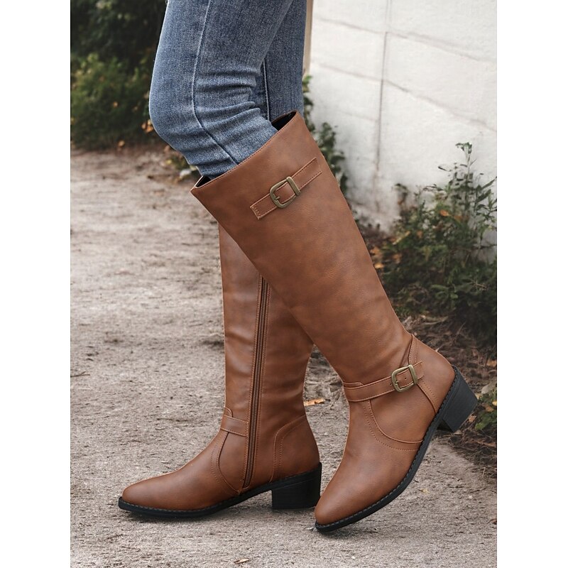 Women's Classic Brown Knee-High Riding Boots with Buckle Straps – Faux Leather Equestrian Style for Casual and Outdoor Wear